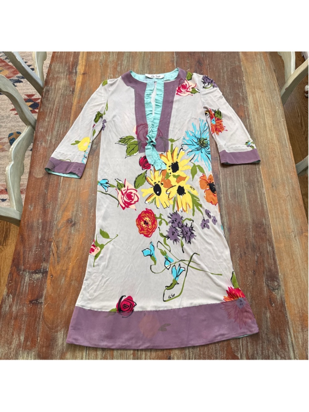Ken Scott Italy Floral Shift Dress Ruffle Neck Slinky Silky Mod Print Xs